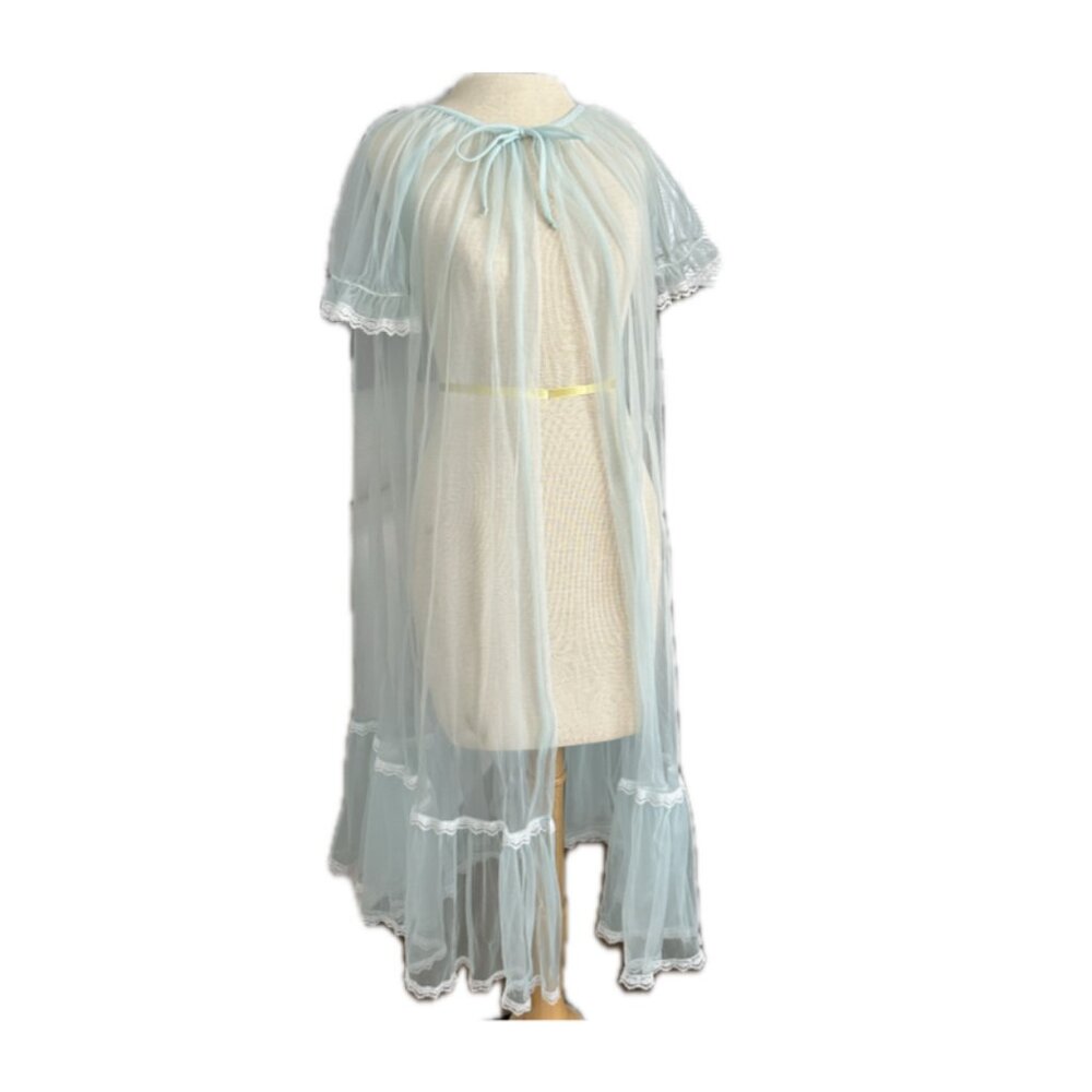 1960s Vintage Lisette Seafoam Blue Sheer House Coat Robe